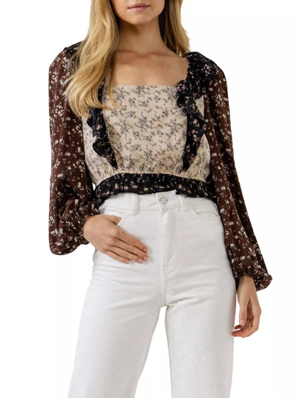 Free The Roses Floral Multi Color Patchwork Ruffle Blouse L